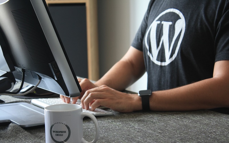 A man in a WordPress shirt working on a PC, representing ways to harden your WordPress website security