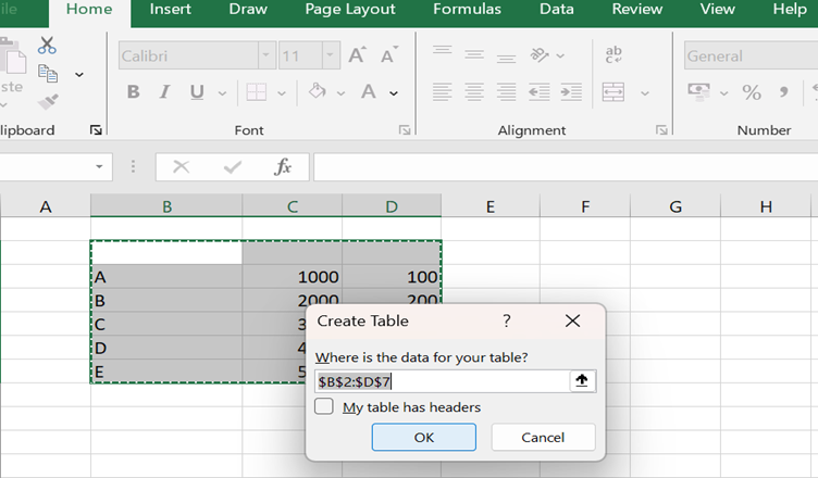 excel table
